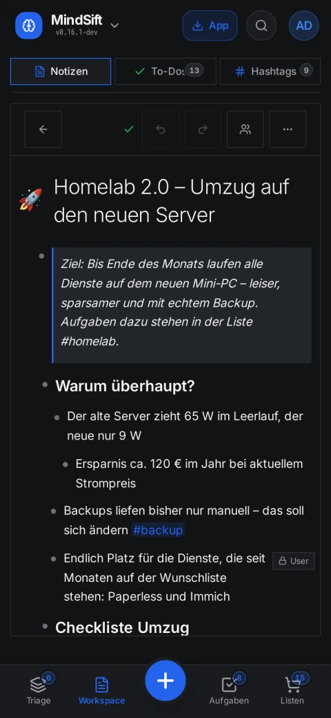 MindSift Notiz auf dem Handy
