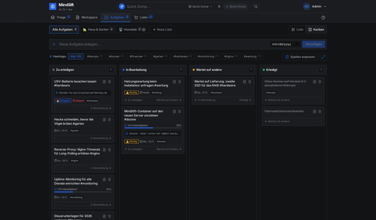 MindSift Aufgaben als Kanban-Board