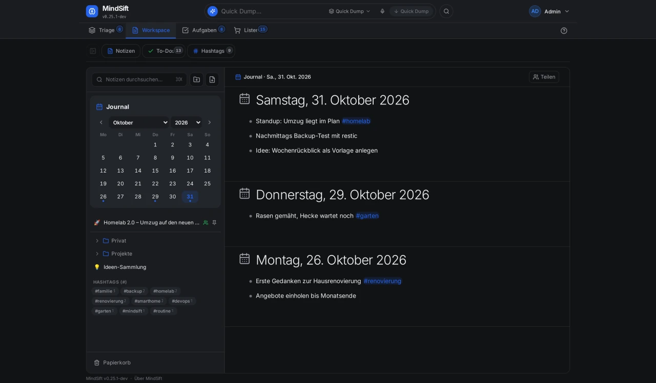 MindSift Journal mit Kalender und Tageseinträgen