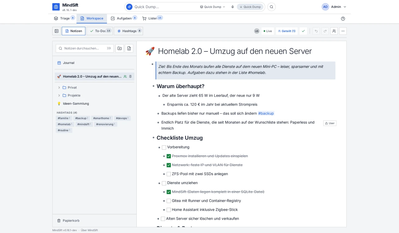 MindSift Workspace mit einer Outliner-Notiz zum Homelab-Umzug